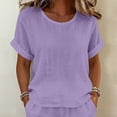 thumbnail image 7 of Zynoxe Womens Plus Size Short Sets Casual Cotton Linen Crew Neck Top and Shorts Matching Outfits with PocketsPurpleM, 7 of 7
