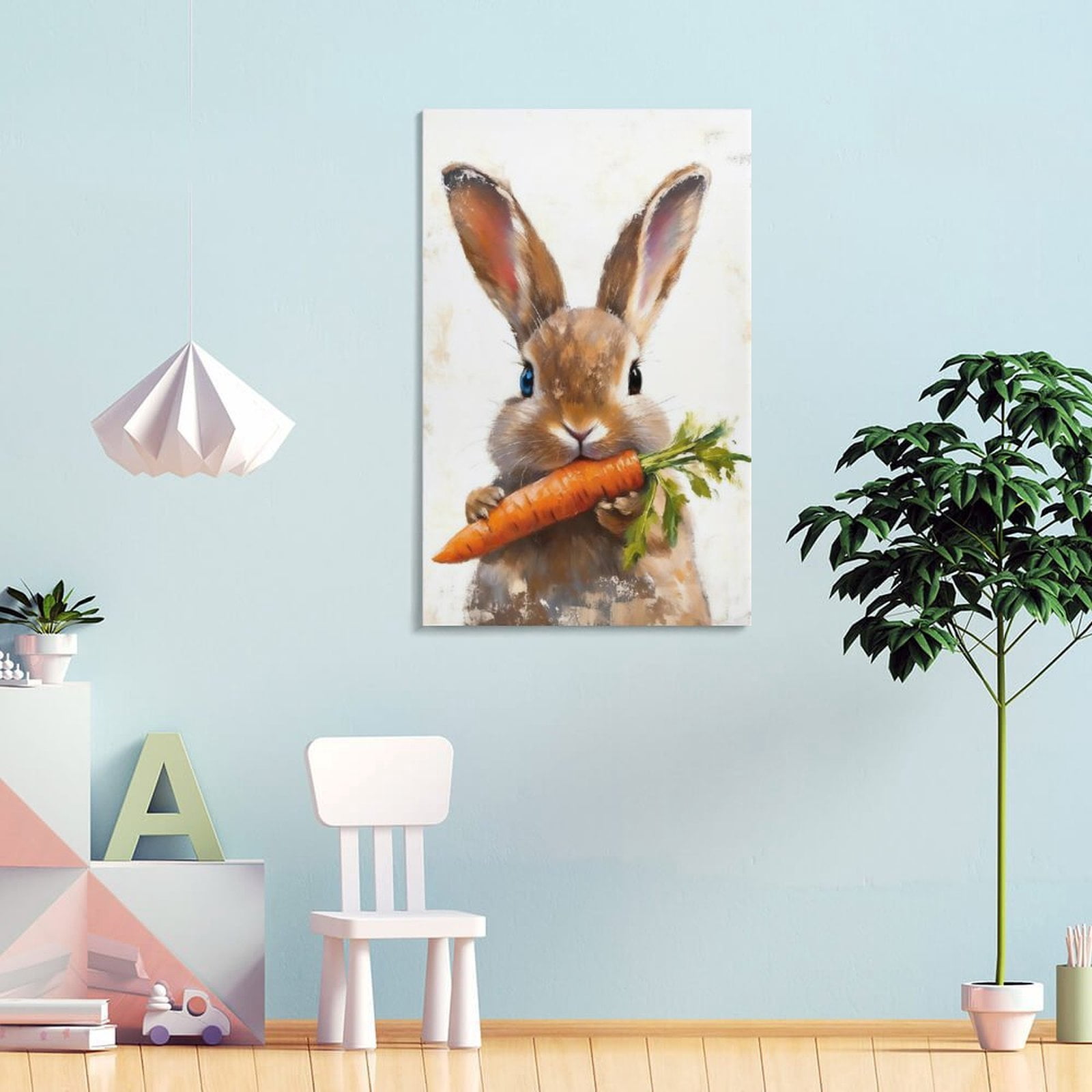 Framed Vintage Rabbit Canvas Wall Art, Cute Easter Bunny with Carrot Pictures Wall Decor, Spring Farmhouse Animal Paintings Prints Cottagecore Home Decor for Living Room kitchen Nursery