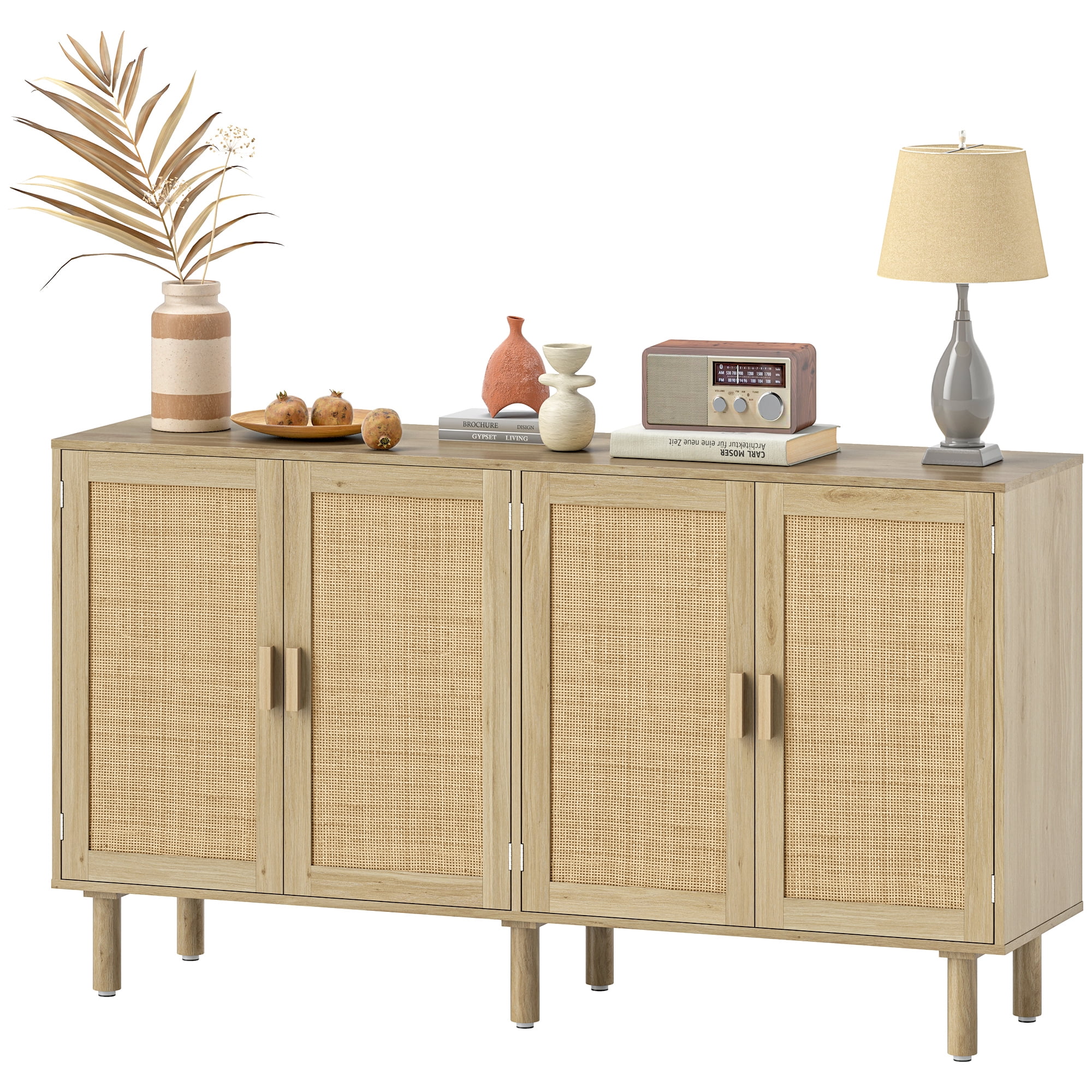 HOQBN 62.2" Bohemian Sideboard, Buffet Cabinet with 4 Rattan Doors and Shelves for Living Room, Hallway, Natural