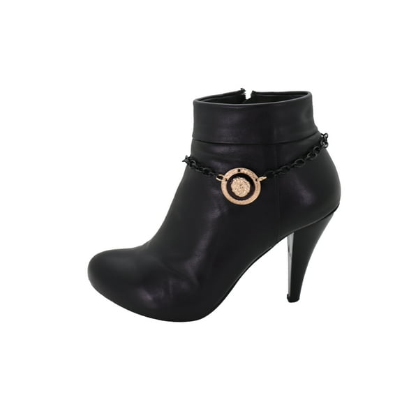 Women Black Metal Chain Boot Bracelet Shoe Gold Lion Charm