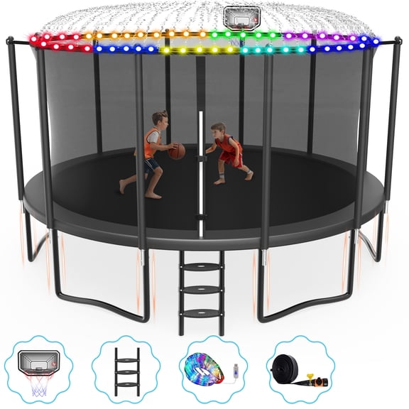 Cochan 16FT Trampoline with Enclosure for Adults and Kids, Outdoor Heavy Duty Trampoline with Water Sprinkler and Lights, Kids Trampoline with Basketball Hoop, Birthday Gift, 1500LBS Weight Capacity