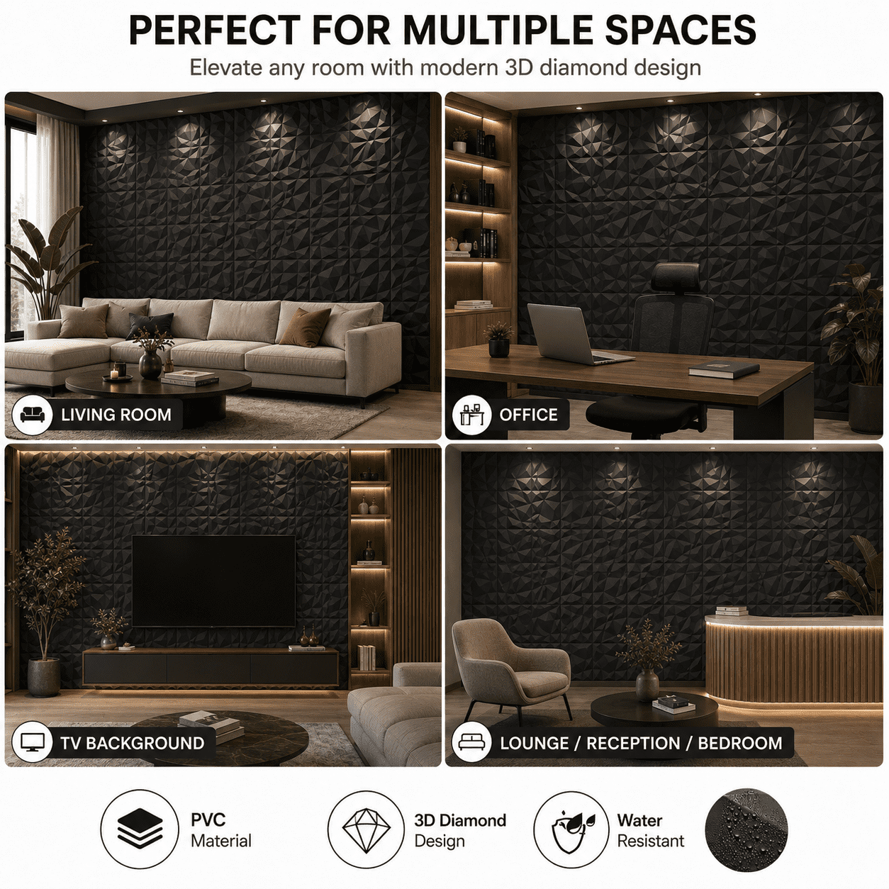 Yeslife 12-Pack 19.69"x19.69" Black PVC 3D Embossed Wall Panels, Geometric Accent Wall Covering for Living Room Office TV Wall, 32.2 Sq Ft