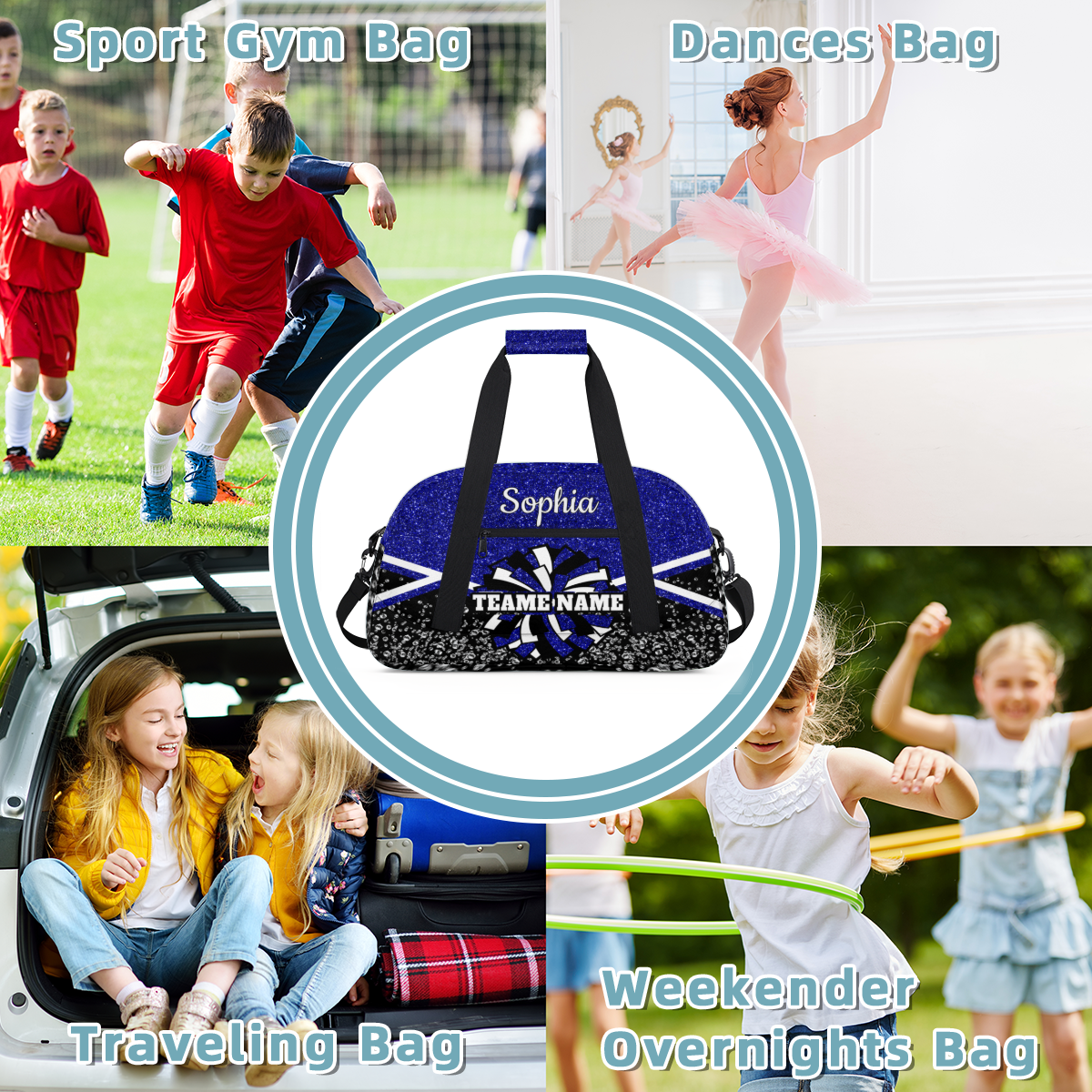 Jiaoprinted Personalized Cheer Bag, Custom Cheerleader Gym Bag Sport Duffel Bag, Customize Travel Overnight Weekender Bags, Cheerleading Gifts, Blue Glitter