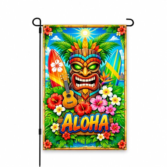 Aloha Tropical Garden Flag 12 x 18 Inch – Bright Tiki Hawaiian Design with Surfboards, Flowers & Ukulele for Outdoor Decor in Yard, Lawn, or Patio