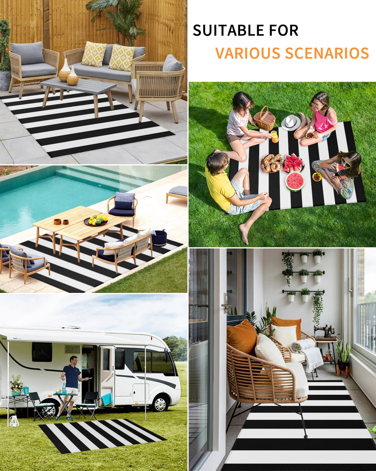 Outdoor Rug 6x9 ft Black and White Striped Pattern Waterproof Outdoor Patio Rug Mat Non Slip Outside Area Rugs Carpet for RV,Camping,Porch,Deck,Pool,Balconybackyard,Minimalist