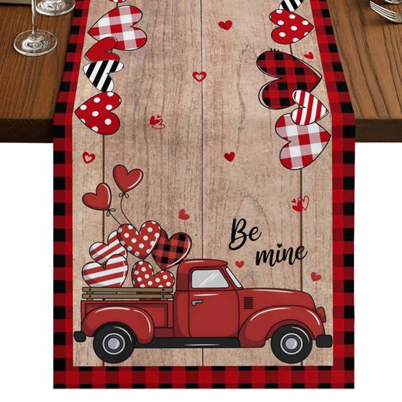 Table Runners 60 Inches Long Dress Scarves, Red Valentine's Day Farmhouse Kitchen Table Runner, Small Coffee Tablerunners, Truck Plaid Love Heart Wooden 13x60 Inch