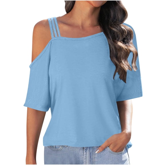 Guluxicc Women's Off Shoulder Shirts Casual Solid Color Short Sleeve Pullover Tops, Blue, S