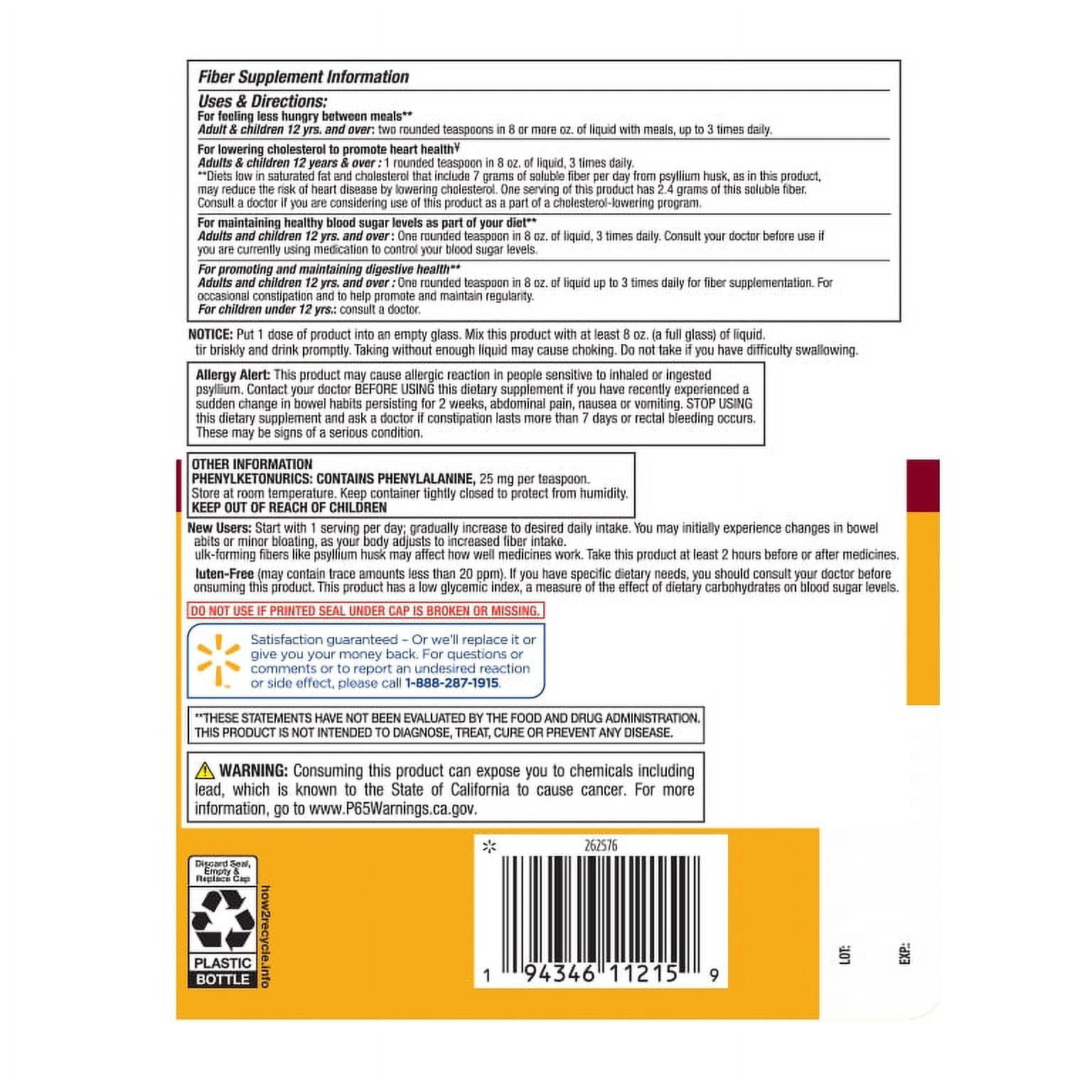 Equate Daily Fiber Supplement, Psyllium Husk Fiber Orange Powder, Sugar-Free 180 Doses