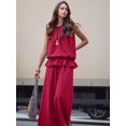 thumbnail image 6 of Women Summer 2 Piece Outfits Sleeveless Ruffle Top Wide Leg Pants Set with Pockets Wine Red S, 6 of 8