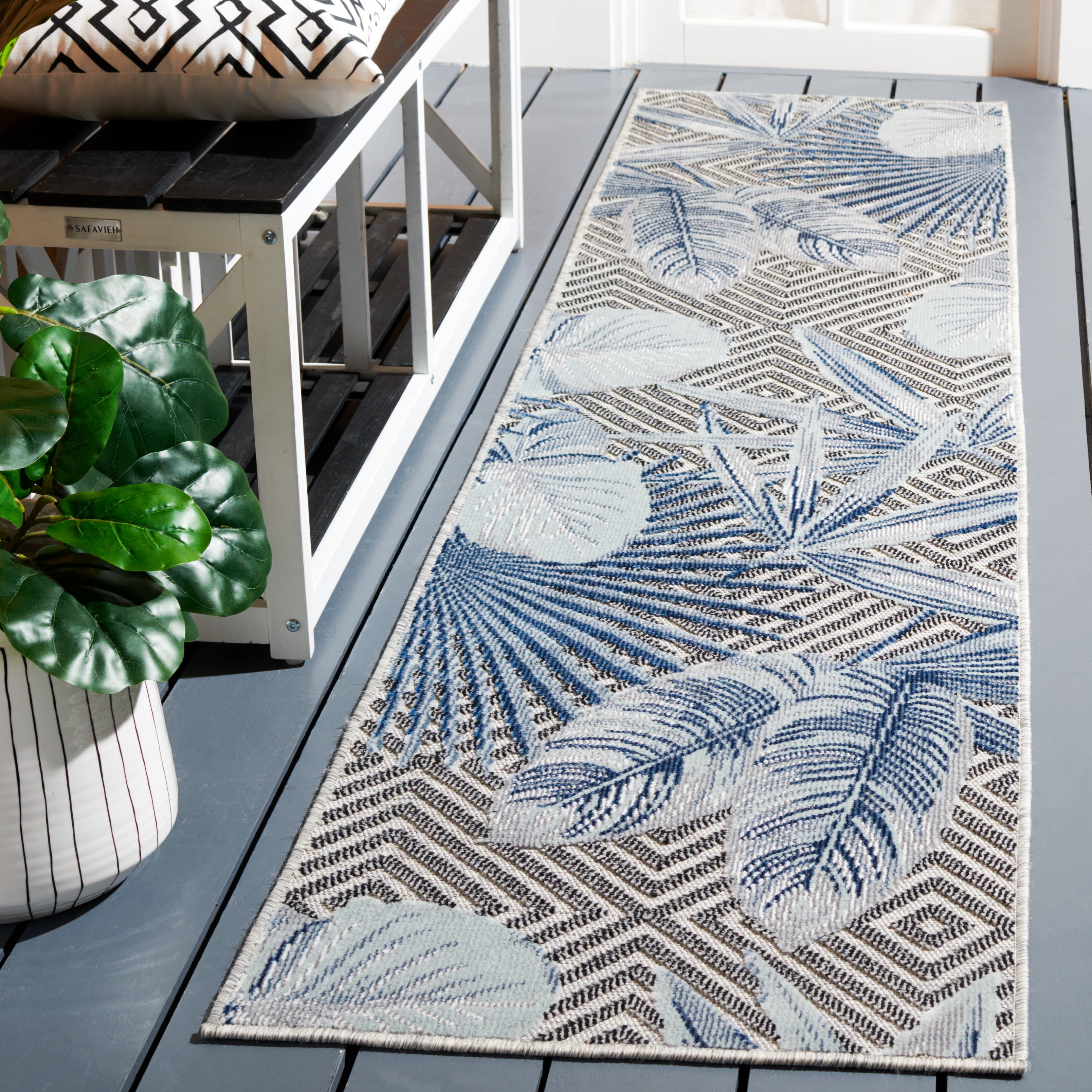 SAFAVIEH Cabana Salima Botanical Indoor/Outdoor Runner Rug, Ivory/Navy, 2' x 9'