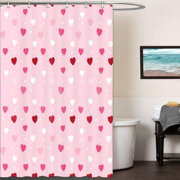 Valentine''s Day Shower Curtain Pink Diamond Heart Romantic Love Valentine Theme Bathroom Shower Curtain Waterproof Washable Fabric Bath Curtain with Hooks 36X72 Inch