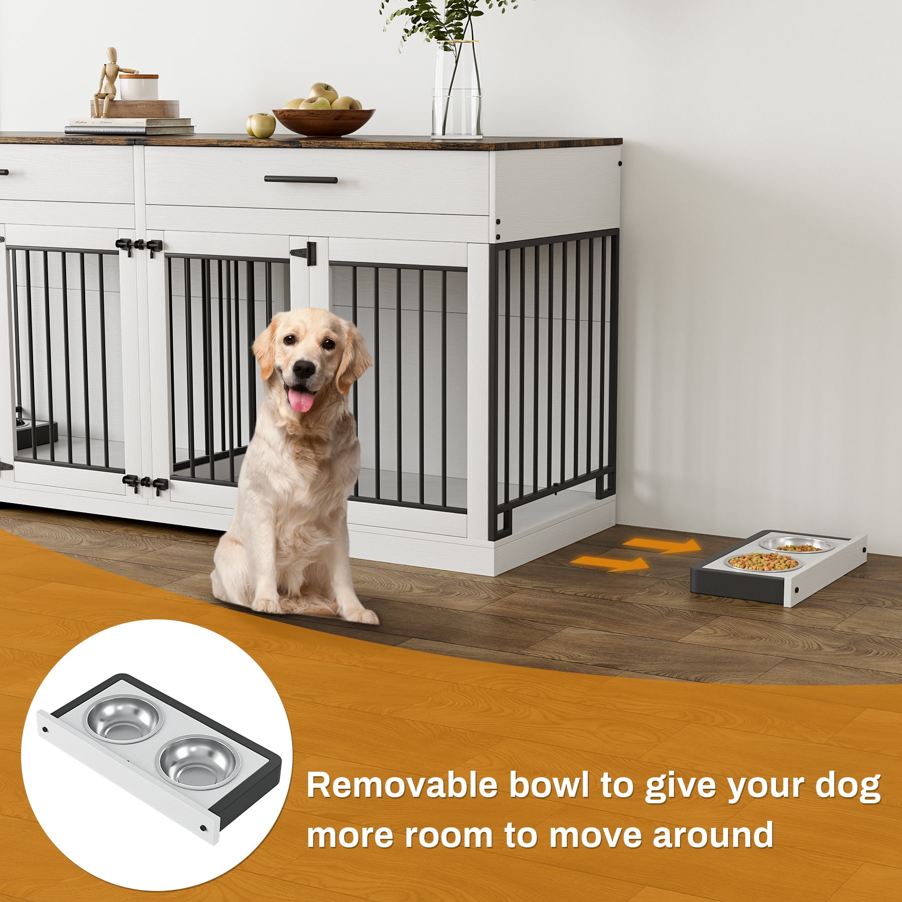 WIILAYOK 72.05" Dog Crate Furniture, Wooden Dog Kennel with 2 Drawers and 4 Dog Bowls, Heavy Duty Indoor Furniture Style Dog Cage House