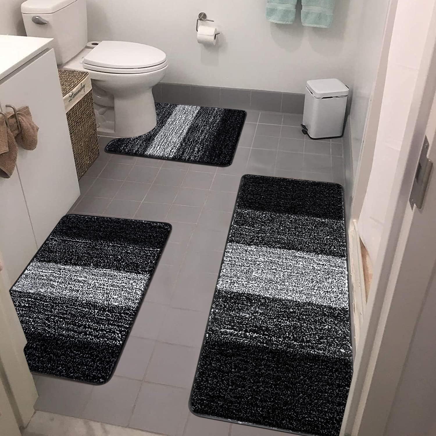 Bathroom Rugs, Yamaziot Bath Mat Set of 3, Absorbent Microfiber Bath Rug, Non-Slip Shaggy Ultra Soft Bathroom Mat with U Shaped Contour Toilet Mat for Tub Front, Shower Floor, Black