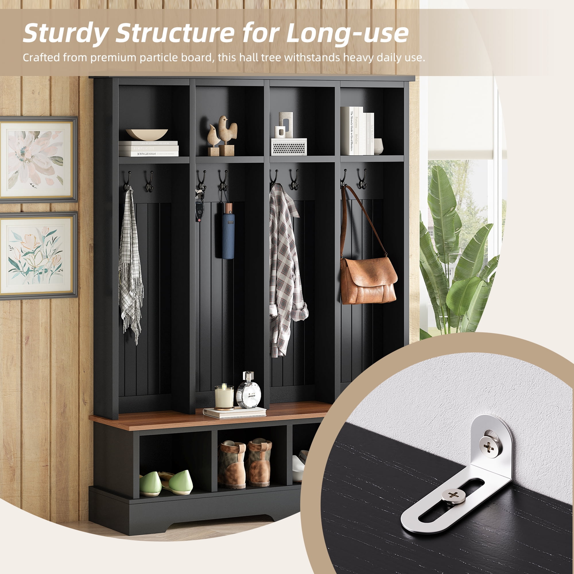 Euroco Farmhouse 59"W Wide Hall Tree with 8 Hooks, Practical Entryway Bench with Open Compartments, 76.7"H Modern 3-in-1 Wooden Style Coat and Shoe Rack for Mudroom, Living Room, Black