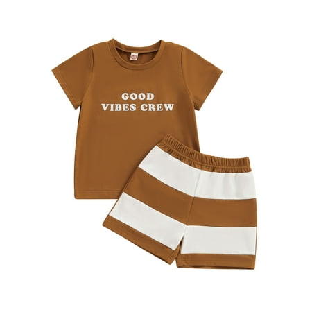 

Qtinghua Infant Toddler Baby Boys Summer Clothes Short Sleeve Letter Print Tops and Striped Shorts Set Khaki 6-12 Months