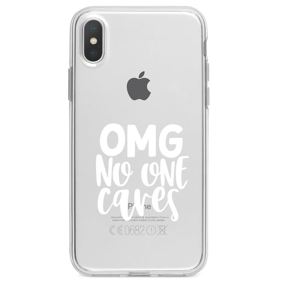 DistinctInk Clear Shockproof Hybrid Case for iPhone X / XS (5.8" Screen) - TPU Bumper Acrylic Back Tempered Glass Screen Protector - OMG No One Cares - White