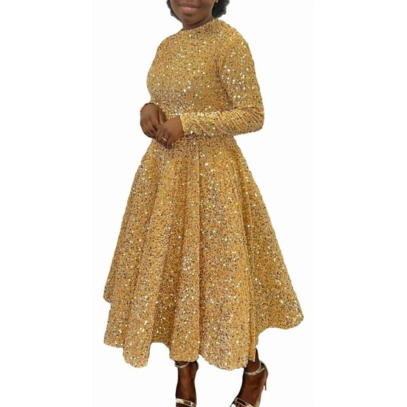 Women's Sequin Plus Size Midi Dress Pleated A Line Cocktail Party Dresses