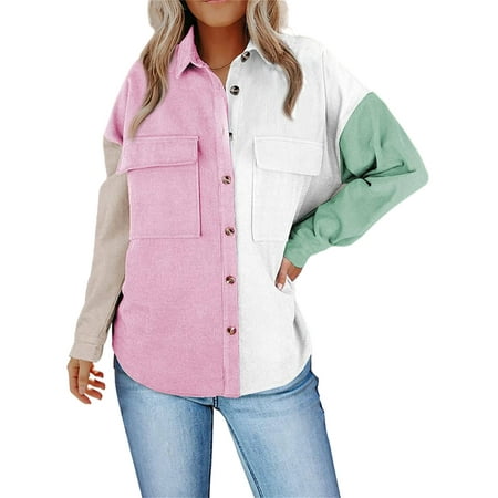 ruzhgo Women Coat Color Block Button Pocket Shirt Fall Winter