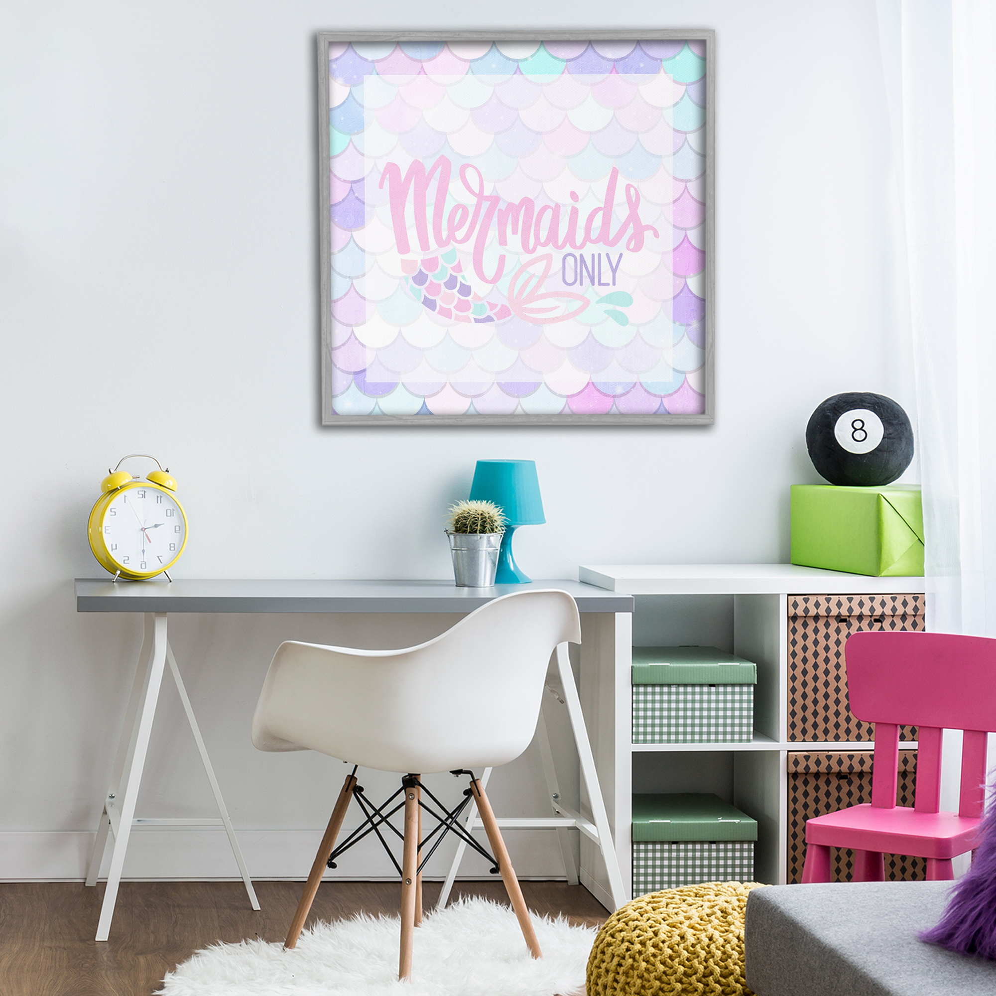 Pastel Mermaids Only Gray Framed Giclee Art, design by Kim Allen