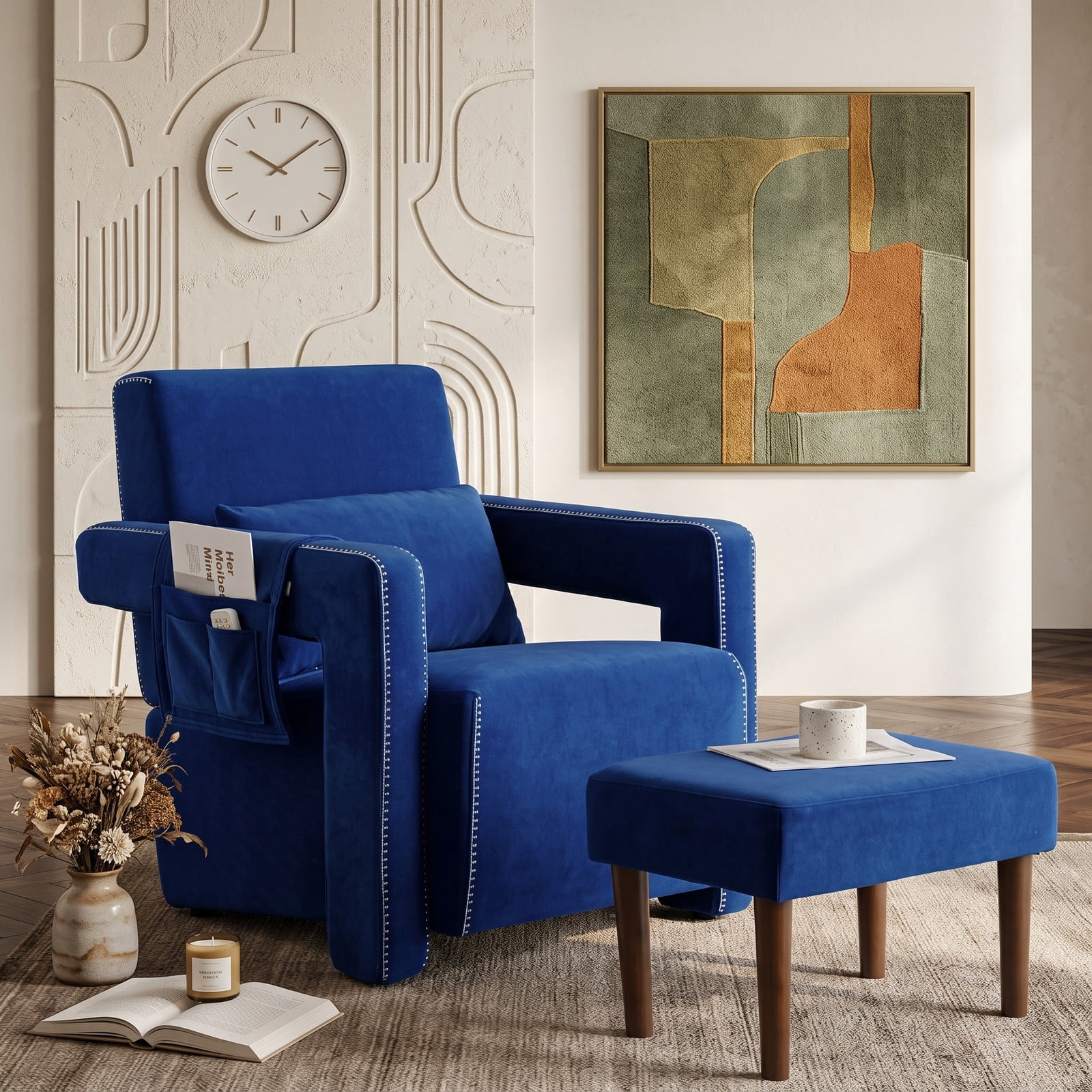 Furnibear Modern Berber Fleece Accent Chair with Ottoman and Waist Pillow, Upholstered Single Sofa Chair with Side Storage Bag for Living Room Bedroom Reception, Blue