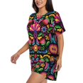 thumbnail image 2 of Bingfone Colorful Floral Embroidery Mexican Print Pajamas Sets for Women Soft Short-Sleeved Pjs with Lounge Shorts Two Piece Sleepwear, 2 of 8