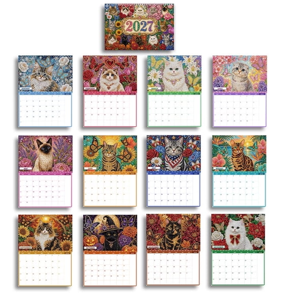 2027 Pearl Art Kit DIY Diamond Painting Wall Calendar with Animal,Seasonal Hanging Monthly Planner with Preprinted Designs, Handmade Craft Kit for Home & Office Decor,Cat