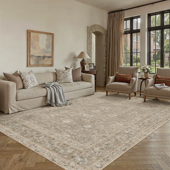 BERTHMEER 5'×7' Area Rugs for Living Room Bedroom Dining Room Office Oriental Floral Vintage Farmhouse Machine Washable Non-slip Traditional Distressed Carpets, Brown