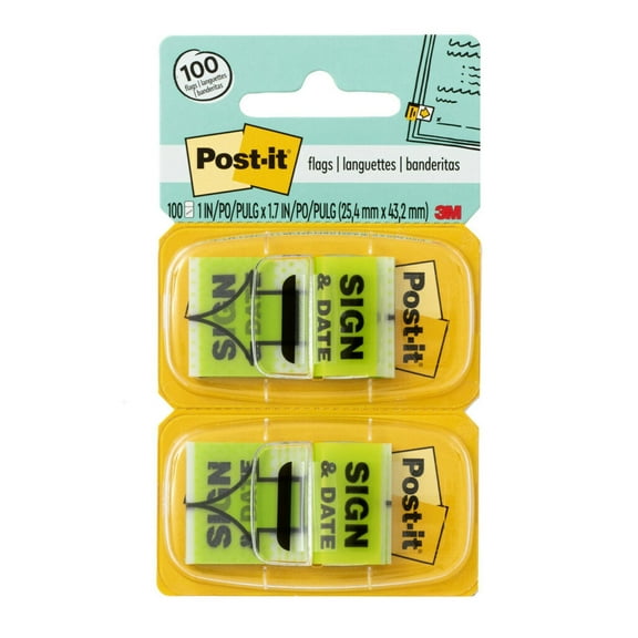 Post-it 1" Wide "Sign and Date" Flags, Bright Green, 2 Dispensers