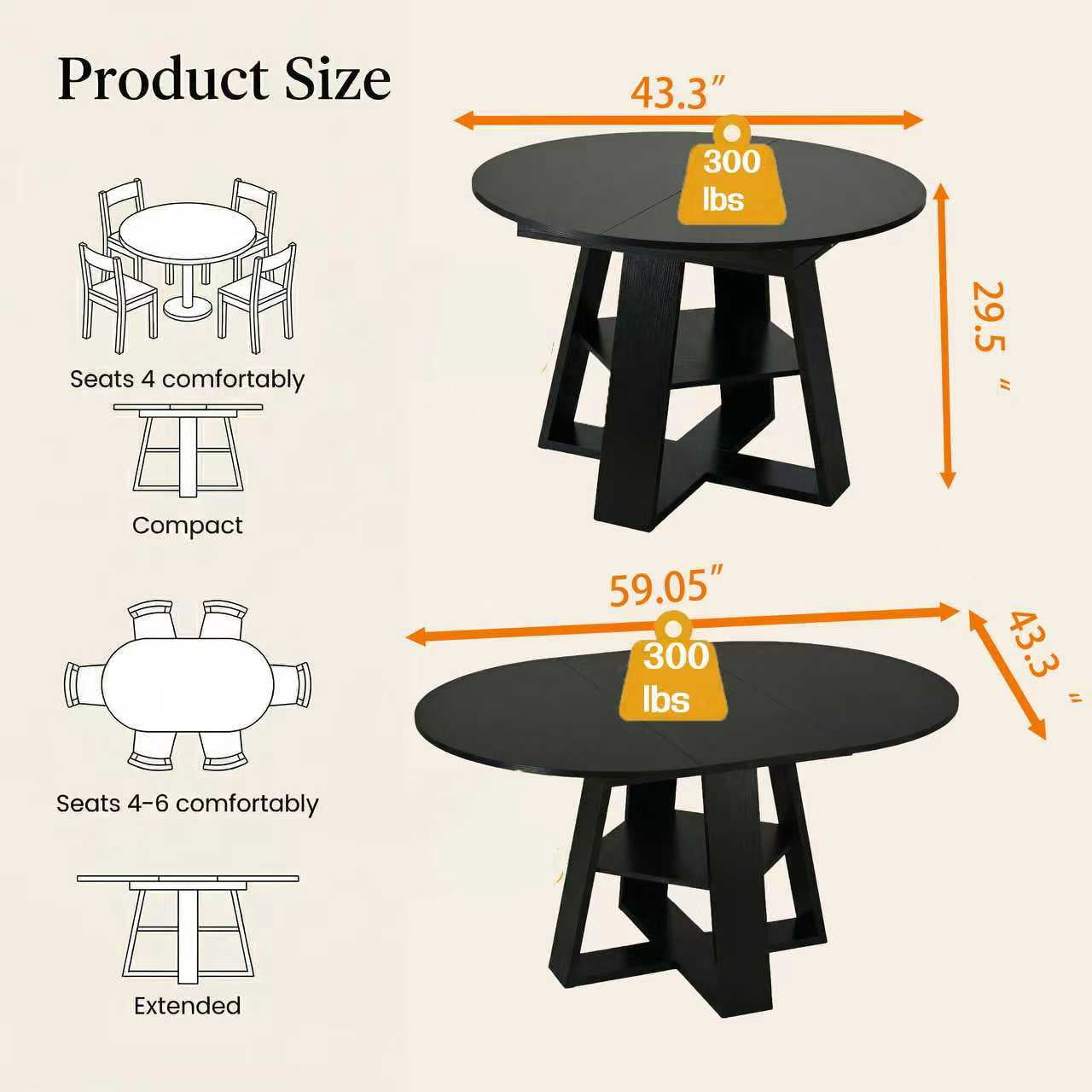 Firmoz 43.3''-59'' Extendable Round Dining Table for 4-8, Transformer Oval Kitchen Table with Storage Shelf, Black