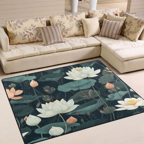 WOBOGO White Lotus Flower Carpet Non-Slip Rugs Soft Doormat 63×48in Living Dining Room Bedroom Decorative
