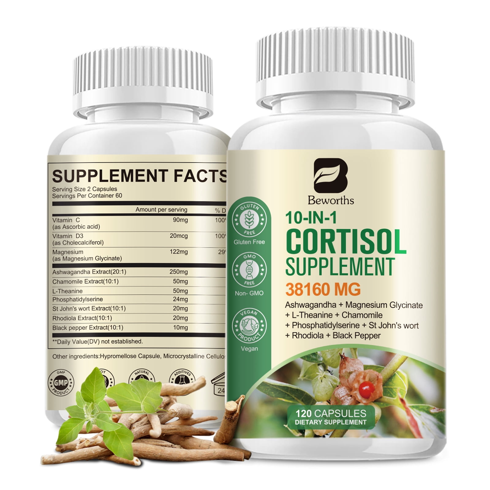 10-In-1 Cortisol Supplements, with Magnesium, Ashwagandha, L-Theanine, Vitamin C & D3, Reduce Lower Cortisol Cortisol Manager, Reduces Stress Support Sleep, 120 Capsules