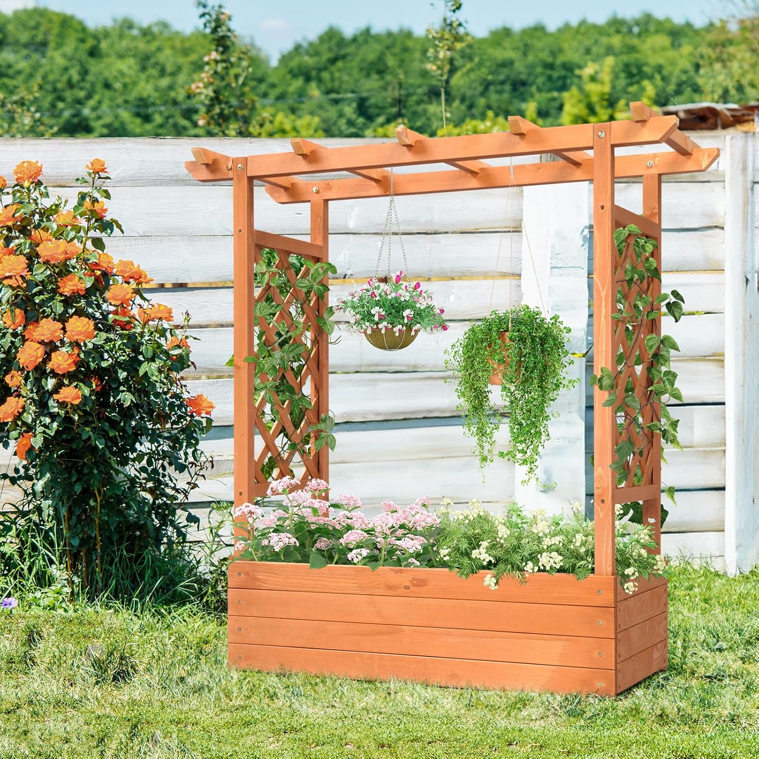 HJTER Raised Garden Bed with Trellis, Wood Planter Box with Hanging Roof, Side Trellis and Drainage Holes, Above Ground Elevated Garden Bed for Outdoor Climbing Plants Vines Vegetables (Teak Color)