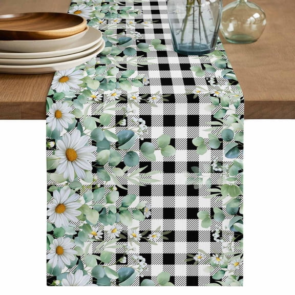 Table Runner 36 Inches Long for Kitchen Dining, Green Eucalyptus Leaves Dresser Scarf Farmhouse, Dining Table Decorations for Wedding/Parties, Summer Botanical Daisy Black Plaid 13 x 36 In