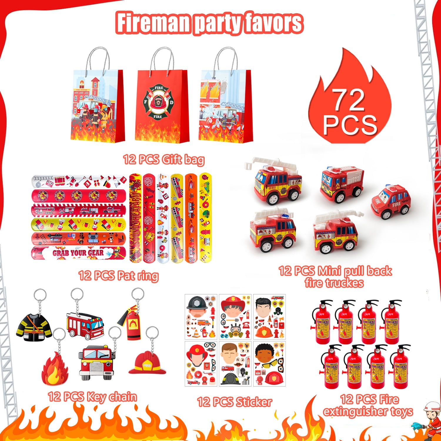 72pcs Firefighter Birthday Party Favors,Fire Truck Party Favors Set- Firefighter Party Stickers Slap Bracelets Keychains etc Firefighter Themed Party Favors for Firefighter Party Decorations Supplies