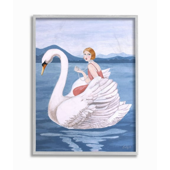 Stupell Industries Woman And Swan Blue Water Animal Painting Gray Framed Art Print Wall Art, 11x14, by Sally B