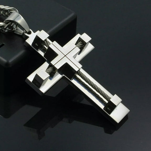 24" MEN Stainless Steel 5mm Silver Cuban Curb Link Chain Necklace Cross Pendant