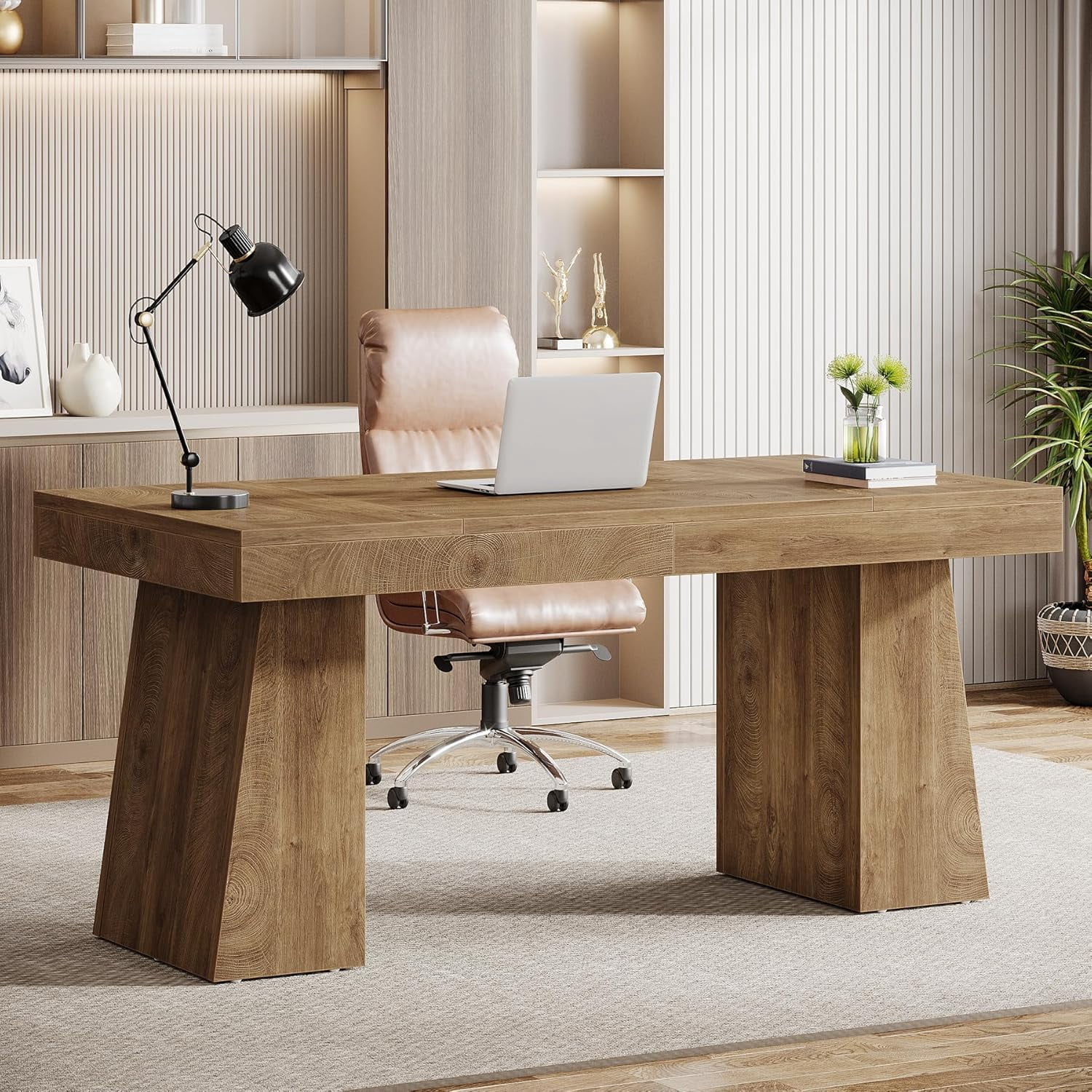 Tribesigns 55" Home Office Desk, Mid-Century Modern Executive Desk, Wood Computer Desk, Light Black