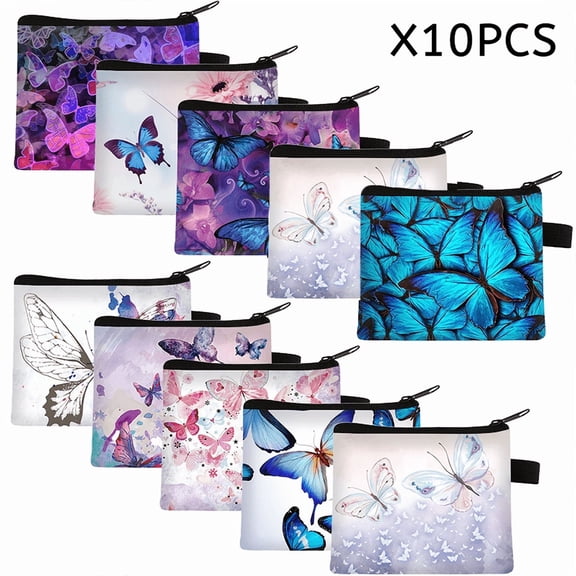 10pcs Boho Mini Coin Purses, Butterfly & Floral Pattern Zipper Pouches, Small Change Wallets for Women, Portable Makeup & Card Holder Bags for Travel and Daily Use