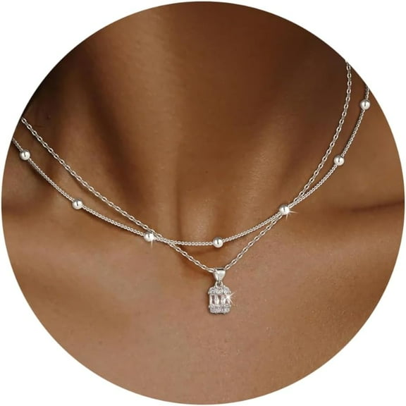 Diamond Necklaces For Women Non Tarnish, Dainty 14K Gold Stack Silver Choker Chain Double Pendant Diamond Necklace, Layered Trendy Simple Prom Cz Jewelry Sets Gifts For Women[o6073]