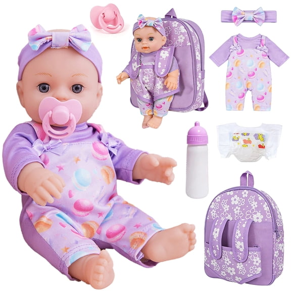Aijohnny 12" Baby Doll with Flower Pattern Backpack Carrier, Baby Doll Set with Clothes and Accessories Hanky Pacifier Bottle Diaper Toy for Baby Toddler Age 3 