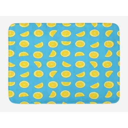 - Yellow and Blue Bath Mat, Fresh Lemon Slices Fruit Happy Summer Sun Exotic Vacation Holiday Joy, Non-Slip Plush Mat Bathroom Kitchen Laundry Room Decor, 29.5 X 17.5 Inches, Sky Blue Yellow, Ambesonne