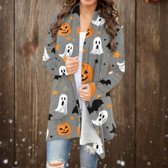 Fznquz Open Front Lightweight Summer Cardigan 2025 Halloween Cardigan Casual Funny Gray Ghost Print Long Sleeve Coat