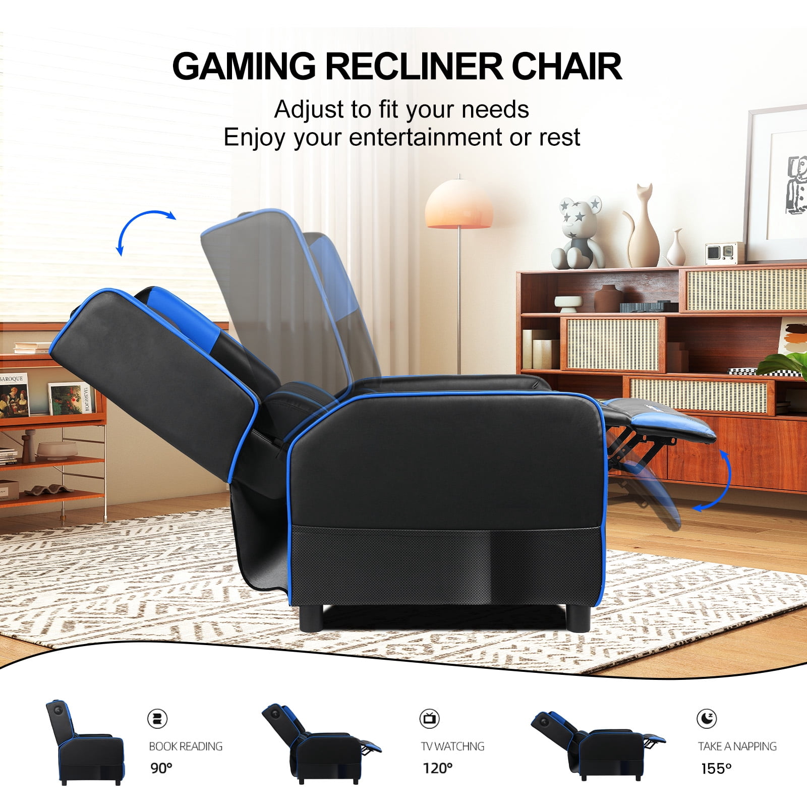 GTRCAING Gaming Recliner Chair PU Leather Living Room Sofa Single Home Theater Seating, Blue