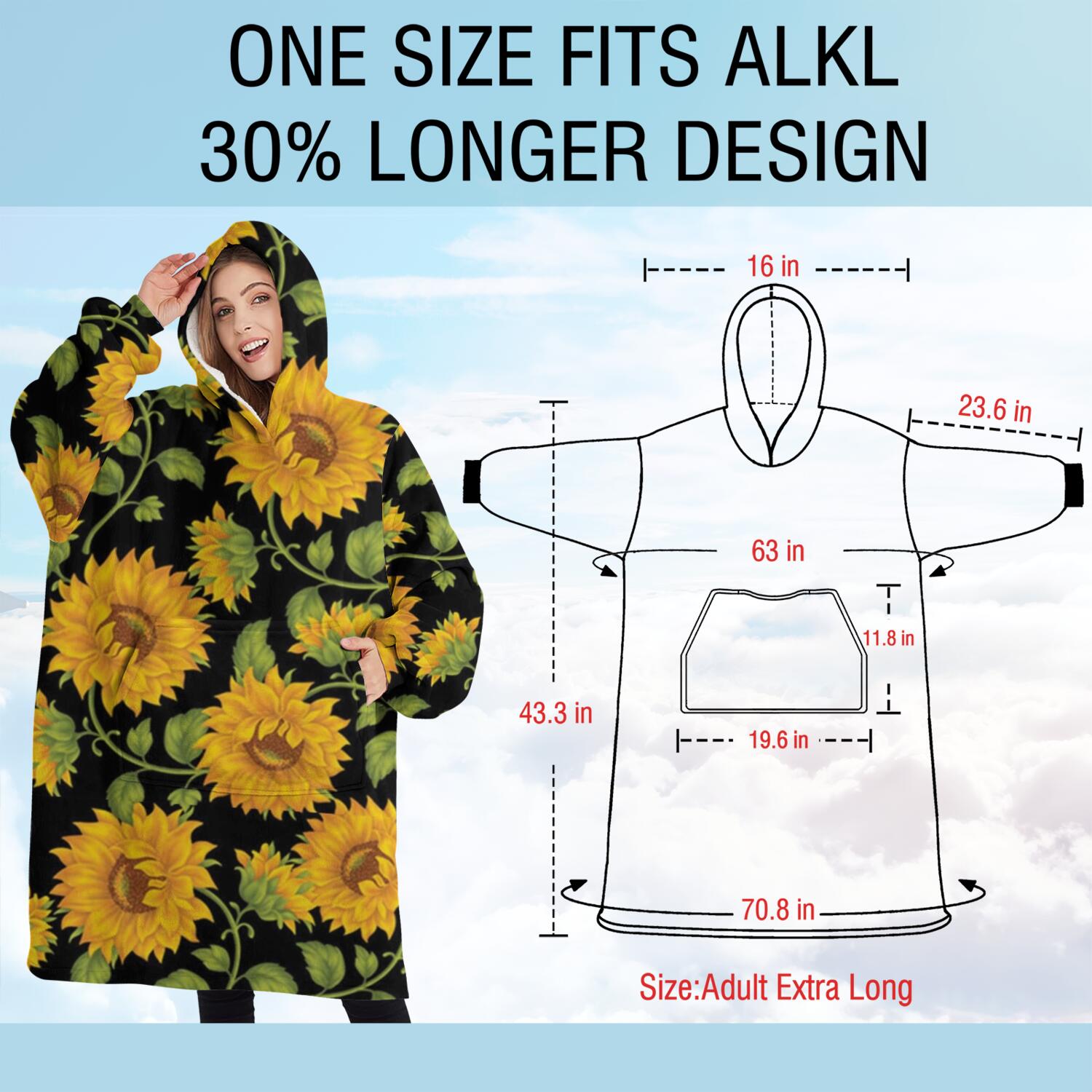 Oversized Wearable Blanket Hoodie,Black Green Stem Sunflower Pattern Sherpa Blanket Hoodie with Super Pockets,Super Warm Fuzzy Pullover for Women & Men