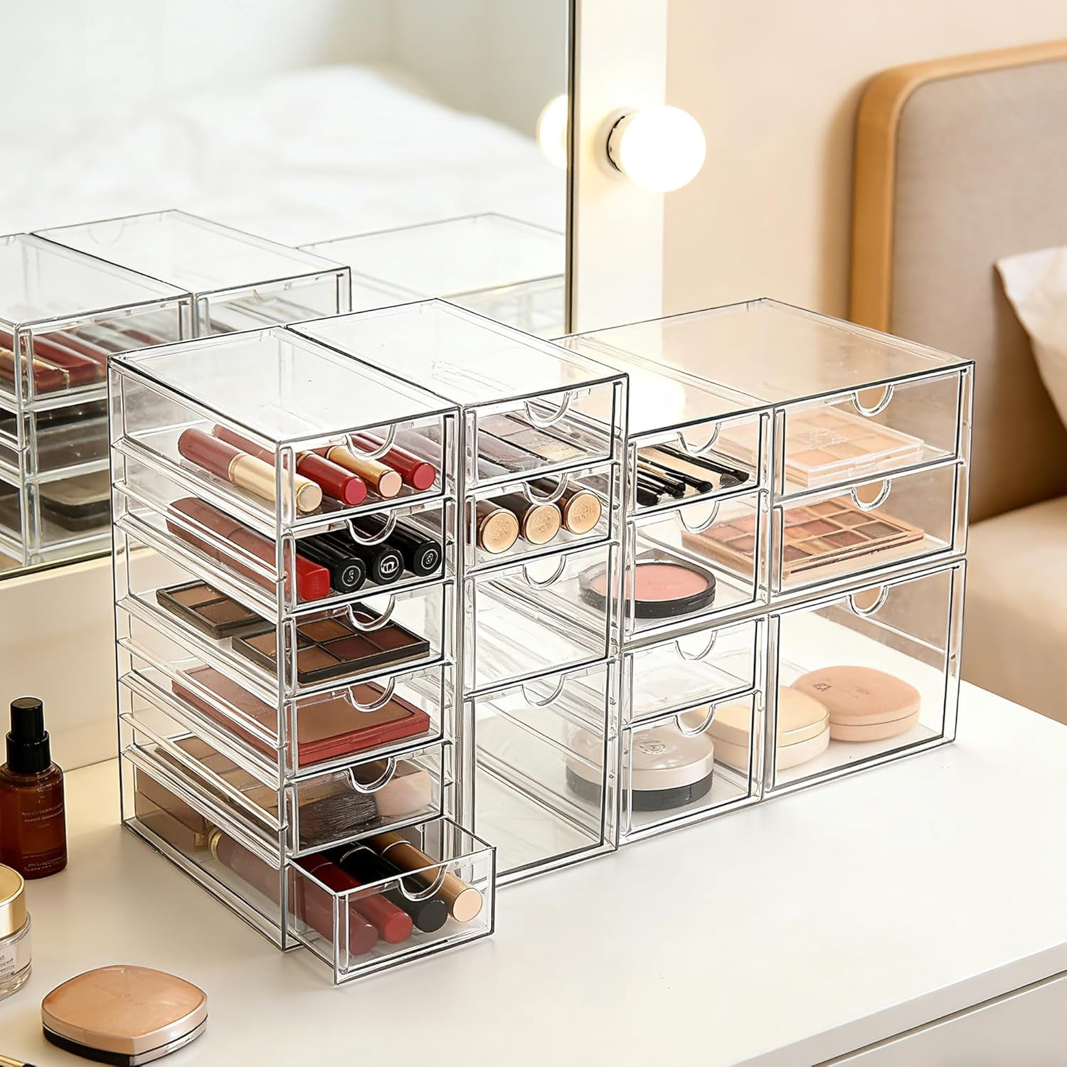 Acrylic Drawer Organizer with 17 Drawers, Craft Office Desk Makeup Organizers Accessories, Set of 4 Clear Stackable Storage Drawers for Vanity, Countertop, Jewelry, Art Supply Organization