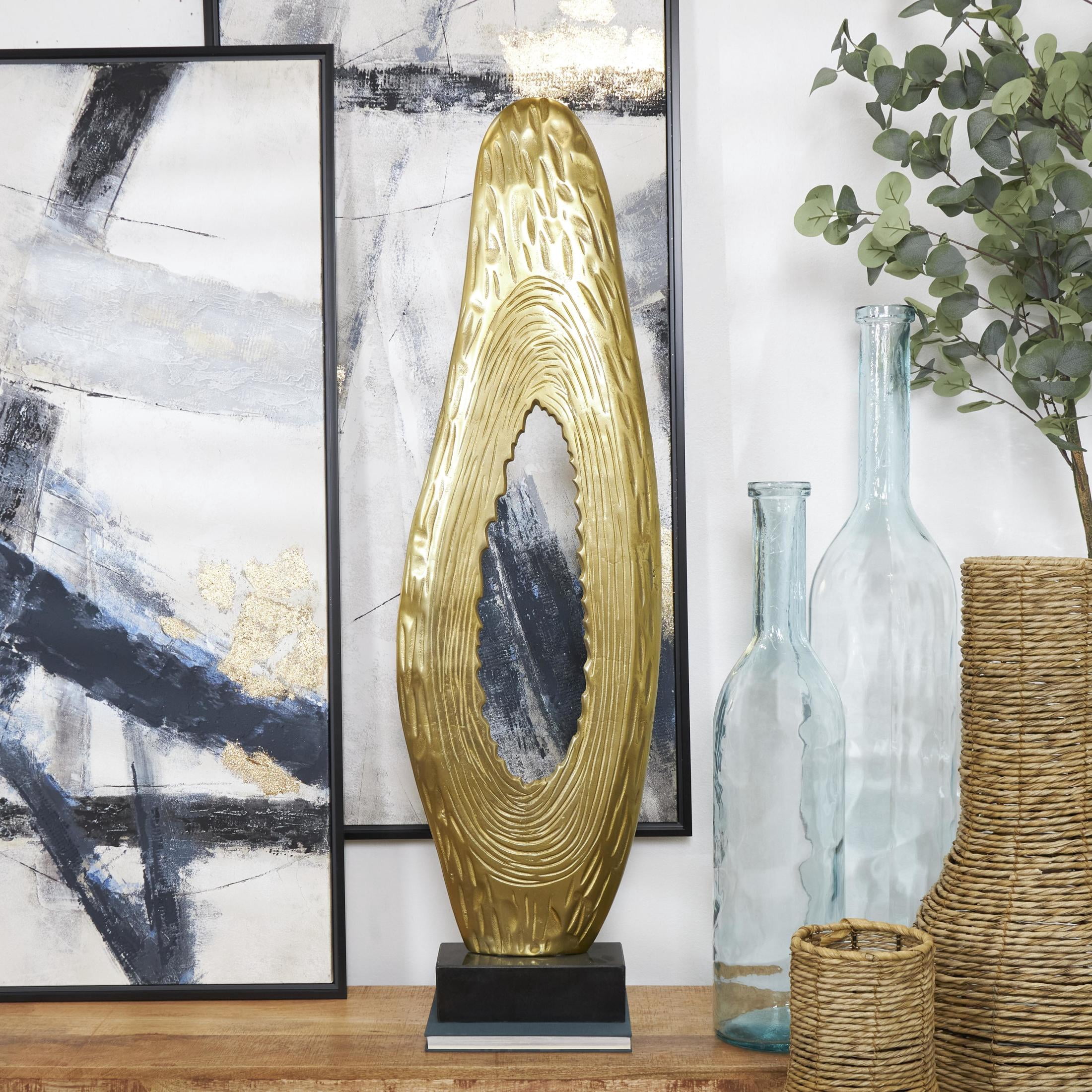 15" x 50" Gold Aluminum Metal Teardrop Abstract Sculpture with Black Base, by DecMode