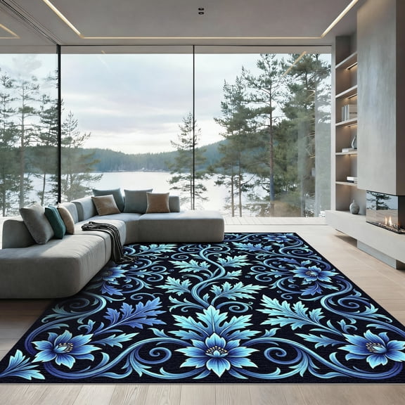 ODIKA 4' x 6' Machine Washable Non-Slip Area Rug, art nouveau floral High Traffic Rug, Blue, 1250095