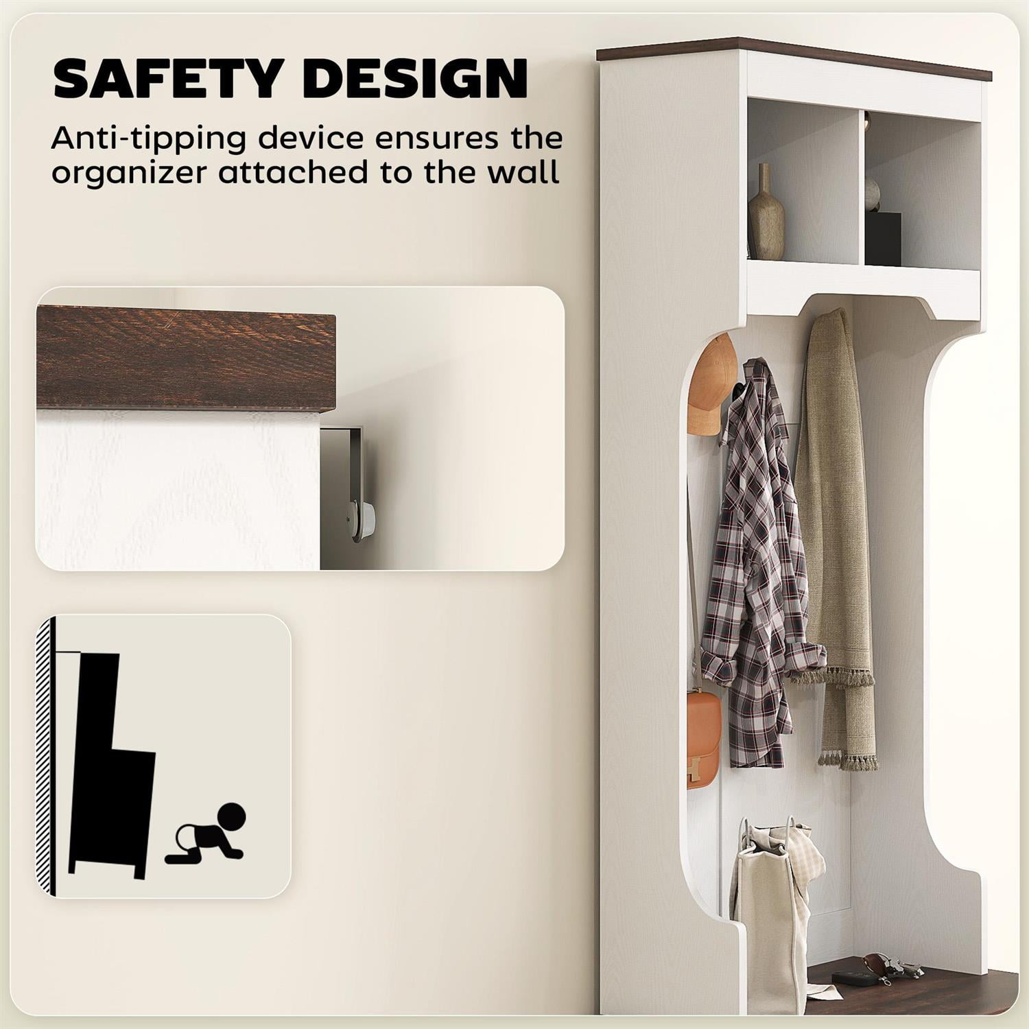 Demi Bonn 70" Hall Tree Shoe Storage Bench with Coat Rack, Multi-Functional Storage for Entryway, Compact Space Saving Solution, White