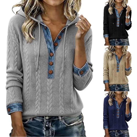 Polo Sweater Women Denim Patchwork Sweatshirt Splicing Knit Long Sleeve Button Up Shirts Lightweight Western Sweaters (Black,S)