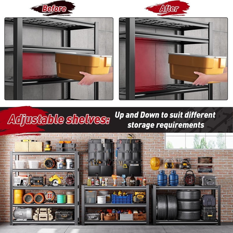 Heavy Duty Storage Shelves 62" W, Metal Shelving Rack, Garage Storage Shelf, Black Adjustable Shelving Unit for Garage, Basement,62" W x 24" D x72 H